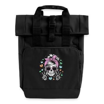 Verspieltes Totenkopf-Mädchen mit Herz-Akzenten - Rolltop Rucksack mit zwei Griffen - Schwarz - Vorne
