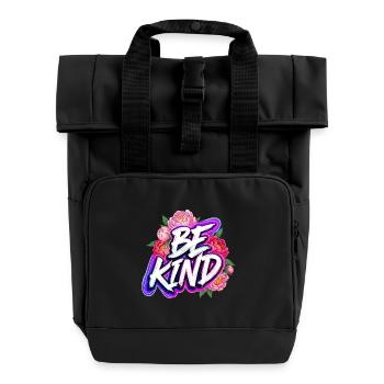 Be Kind Pfingstrose Floral Neon Glow Schriftzug - Rolltop Rucksack mit zwei Griffen - Schwarz - Vorne