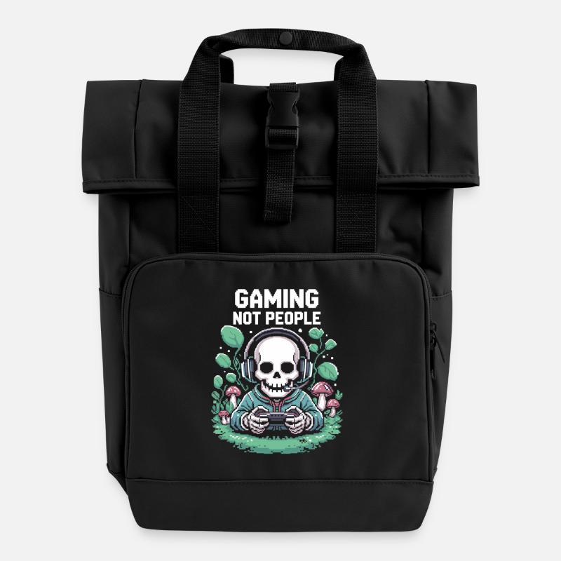 Gamer Skelett mit Headset Pixel - Rolltop Rucksack mit zwei Griffen - Schwarz