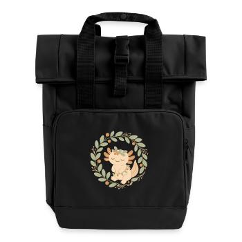 Axolotl in a wreath of leaves – Cozy Boho Style - Roll Top Backpack with Two Handles - black - Front