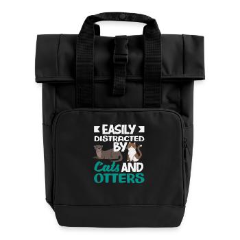 Sea Otter Cartoon Cats - Roll Top Backpack with Two Handles - black - Front