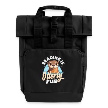 Sea Otter Cartoon Reading - Roll Top Backpack with Two Handles - black - Front
