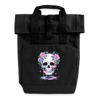 Kawaii Pastel Goth Totenschädel Blumen - Rolltop Rucksack mit zwei Griffen - Schwarz - Vorne