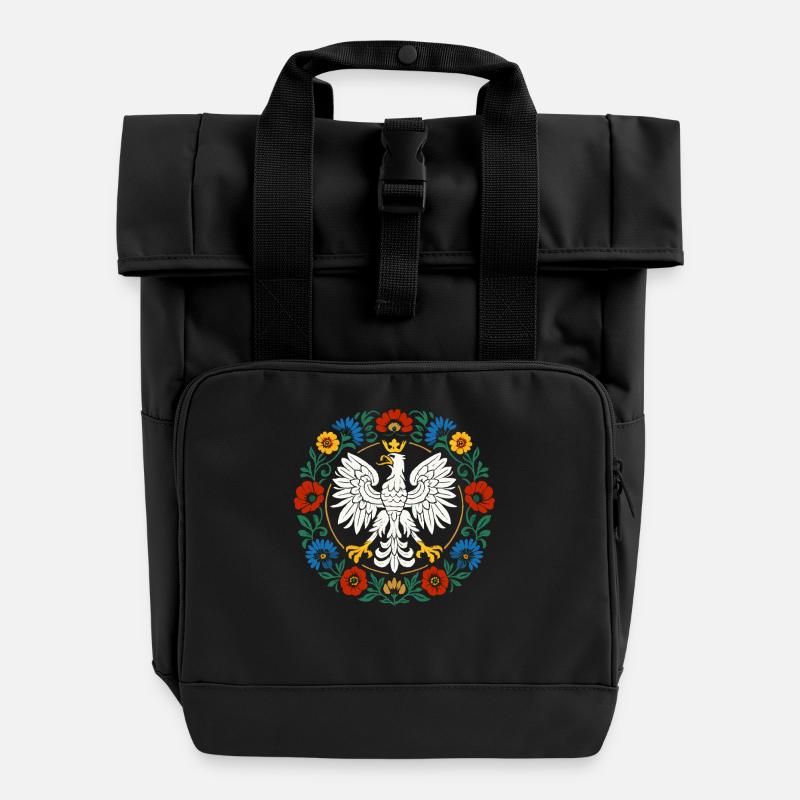 Polnischer Adler Volksemblem mit Blumen - Rolltop Rucksack mit zwei Griffen - Schwarz