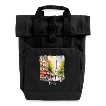 Paris Watercolor, I Love Paris - Roll Top Backpack with Two Handles - black - Front