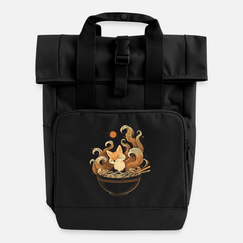 Kawaii Kitsune Fox rentoutuu ramen-kulhossa - Rolltop-reppu kahdella kahvalla - musta