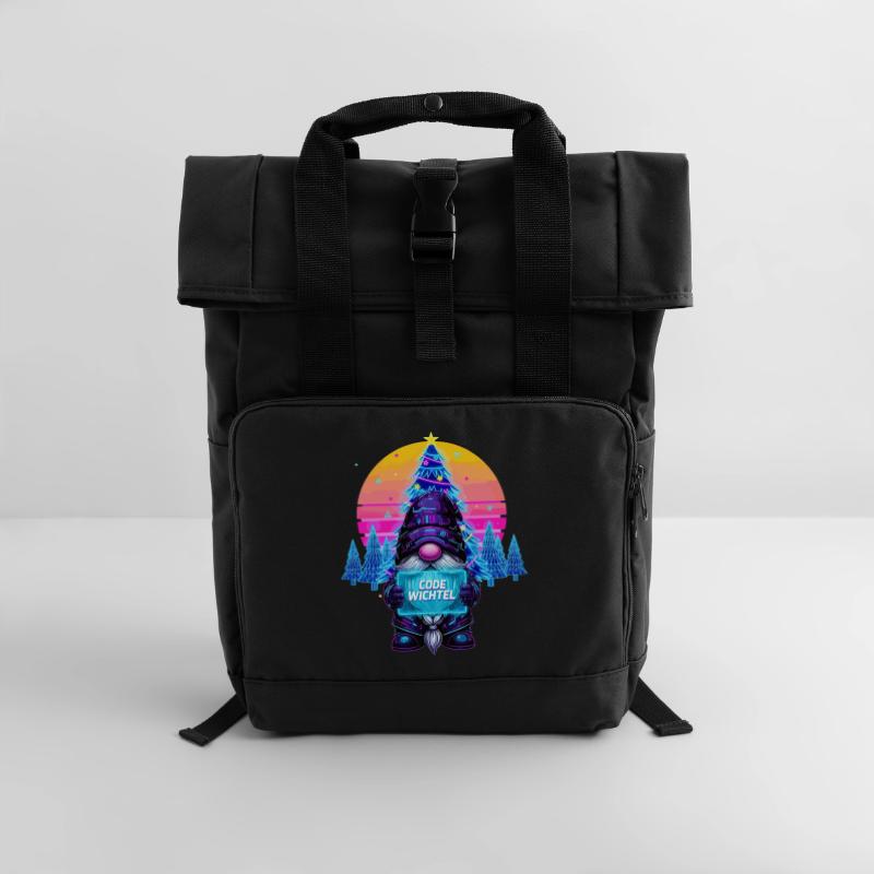 Cyberpunk Code Gnome - Synthwave Xmas Nerd Roll Top Backpack with Two Handles