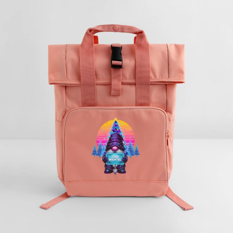Cyberpunk Code Gnome - Synthwave Xmas Nerd Roll Top Backpack with Two Handles