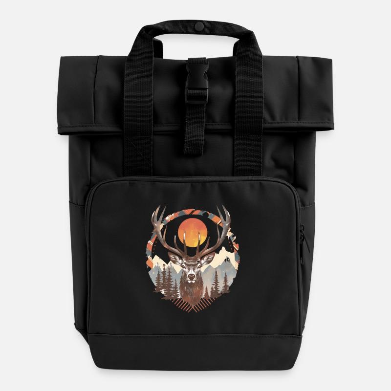 Deer under the sun in the forest - Roll Top Backpack with Two Handles - black