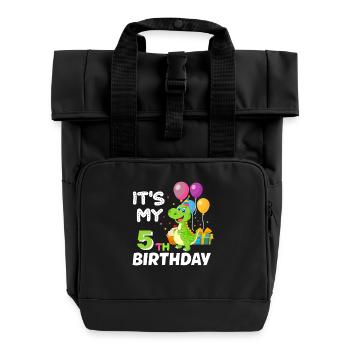 5th Birthday Boy Girl Dinosaur Five Years - Roll Top Backpack with Two Handles - black - Front