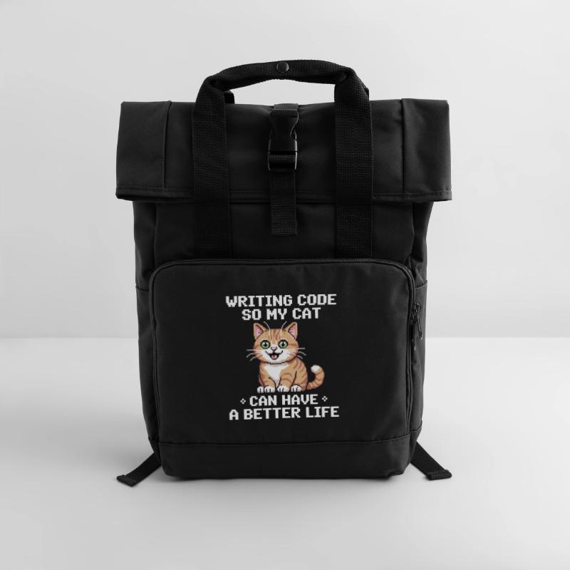 Programming Cat Funny Coding and Cat German Roll Top Backpack with Two Handles