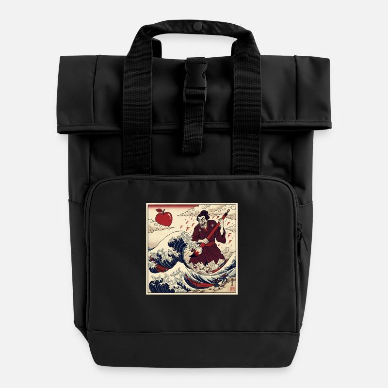 Samurai Teacher F Notes Tsunami Wave - Roll Top Backpack with Two Handles - black