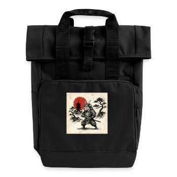 Samurai hamster in front of red Japan sun - Roll Top Backpack with Two Handles - black - Front
