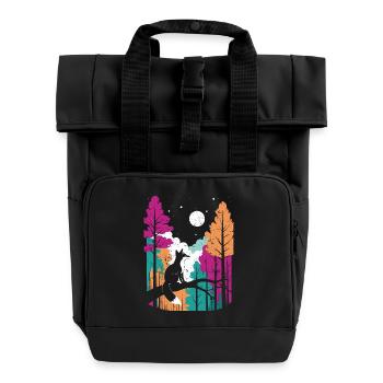 Mondwolf im farbenfrohen Waldfuchs - Rolltop Rucksack mit zwei Griffen - Schwarz - Vorne