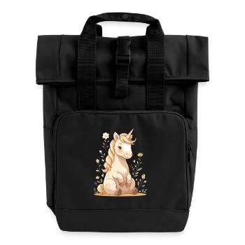 Zartes Einhorn im Blütenwald - Rolltop Rucksack mit zwei Griffen - Schwarz - Vorne