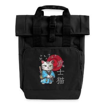 Katze Anime japanisch Samurai Kätzchen - Rolltop Rucksack mit zwei Griffen - Schwarz - Vorne