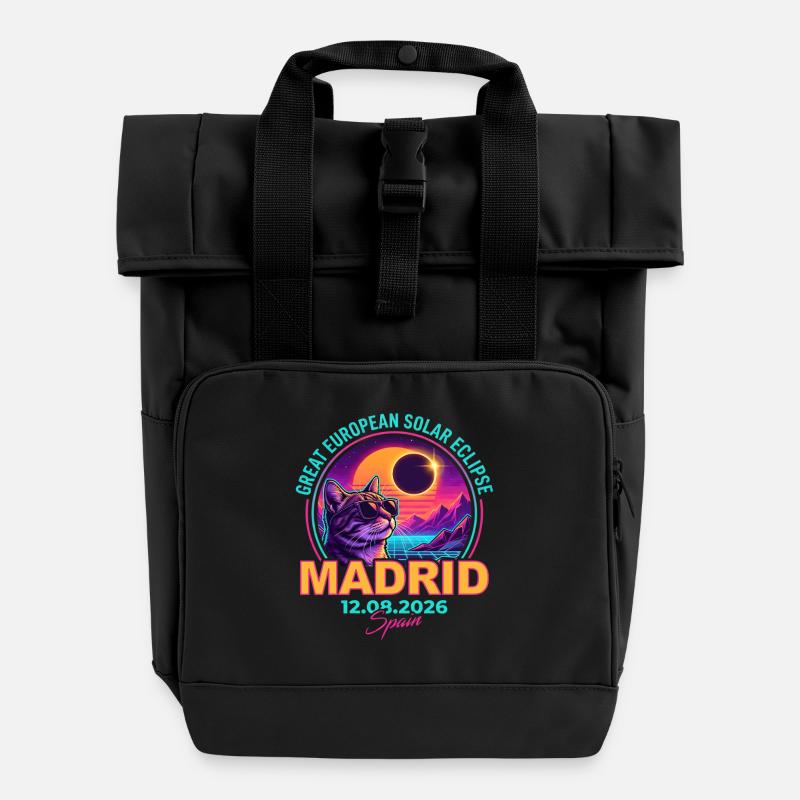Solar Cat Madrid Eclipse 2026 - Rolltop Rucksack mit zwei Griffen - Schwarz