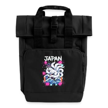 Kitsune Japan Pagoda – Anime Fox Spirit - Roll Top Backpack with Two Handles - black - Front