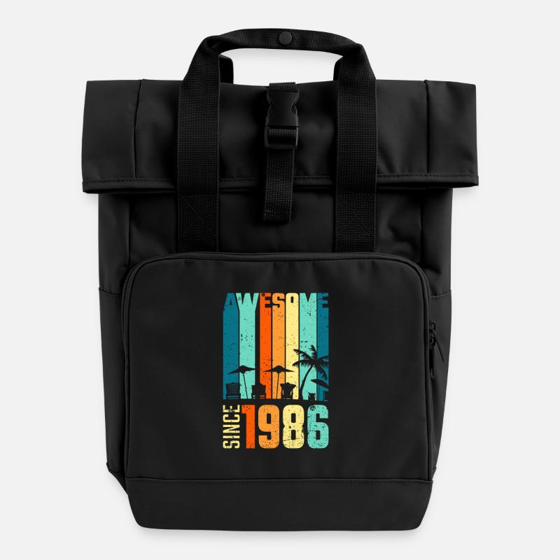Vintage Tropical Skyline Since 1986 - Roll Top Backpack with Two Handles - black