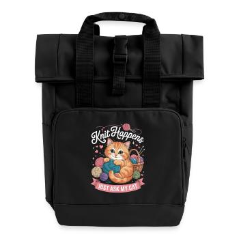 Kitten Knitting Magic Yarn Love - Roll Top Backpack with Two Handles - black - Front