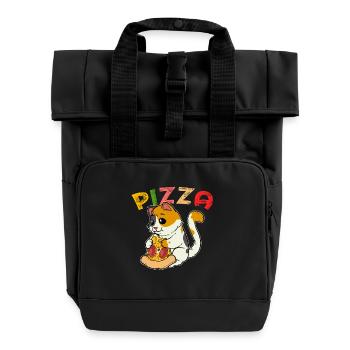 Pizza Cat: Cute kitten with pizza salami - Roll Top Backpack with Two Handles - black - Front