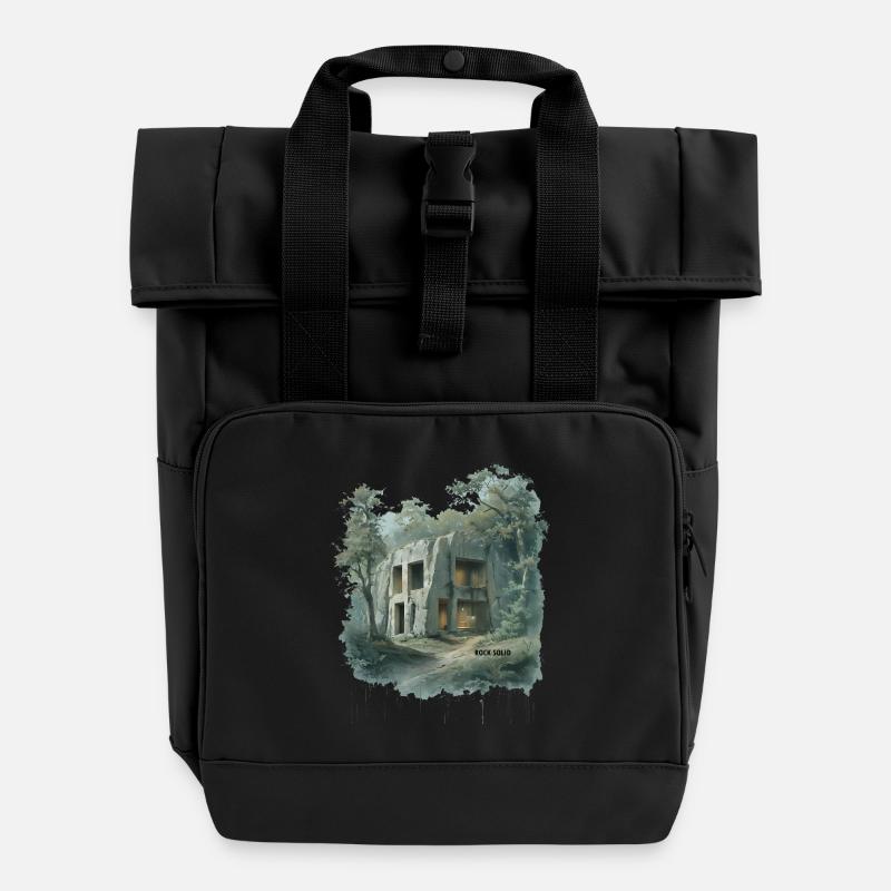 ROCK SOLID - Modern Cave Architecture Sketch - Roll Top Backpack with Two Handles - black