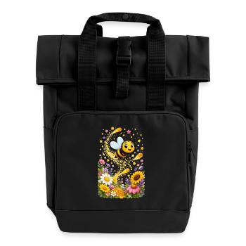 bee honey beekeeper honeycomb flowers meadow insect - Roll Top Backpack with Two Handles - black - Front