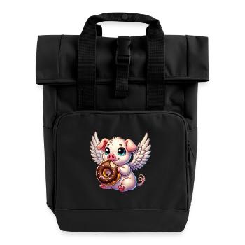 Ange Cochon avec des ailes de beignet Dessin animé mignon - Sac à dos Roll Top à deux anses - noir - Devant