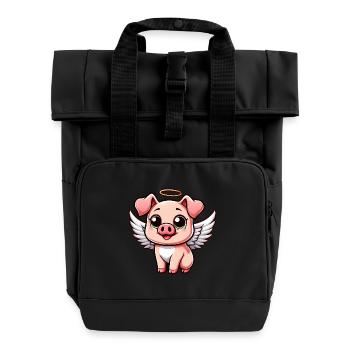 Süßes Ferkel Engel mit Flügel Cartoon - Rolltop Rucksack mit zwei Griffen - Schwarz - Vorne