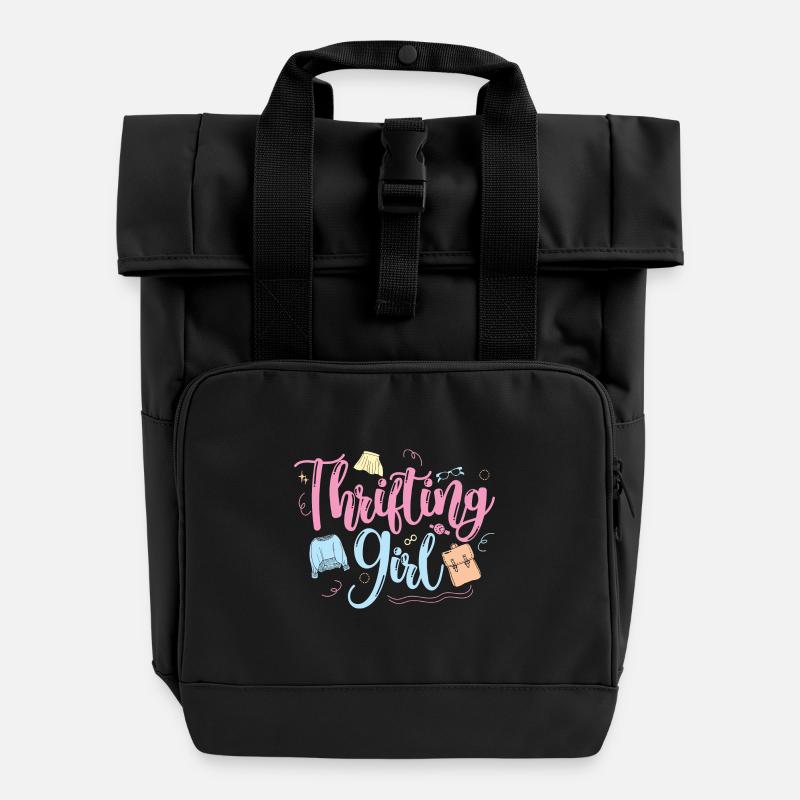 Thrift Shopper Thrifting Girl Thrift Store - Roll Top Backpack with Two Handles - black