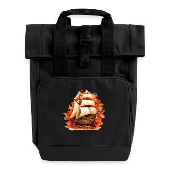 Autumn sailing: sailing ship through colorful foliage - Roll Top Backpack with Two Handles - black - Front