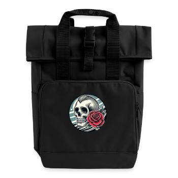 Retro-Schädel und Rose - Rolltop Rucksack mit zwei Griffen - Schwarz - Vorne