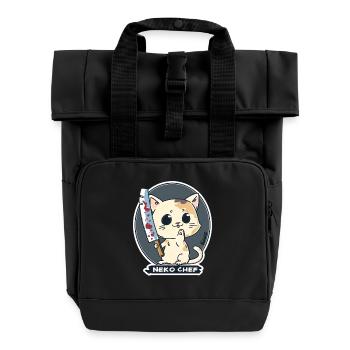 Neko Chef – Freche Katze mit Kochmesser - Rolltop Rucksack mit zwei Griffen - Schwarz - Vorne
