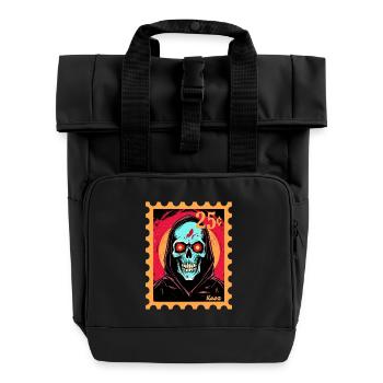 Leuchtender Totenkopf mit Kapuze auf Briefmarke - Rolltop Rucksack mit zwei Griffen - Schwarz - Vorne