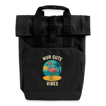 Flamingo Vacation Summer Beach Retro Design - Roll Top Backpack with Two Handles - black - Front