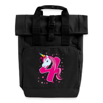 Unicorn, 4 years old, 4th birthday, child - Roll Top Backpack with Two Handles - black - Front
