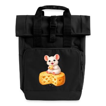 Une souris mignonne sur du fromage avec des trous en forme de cœur - Sac à dos Roll Top à deux anses - noir - Devant