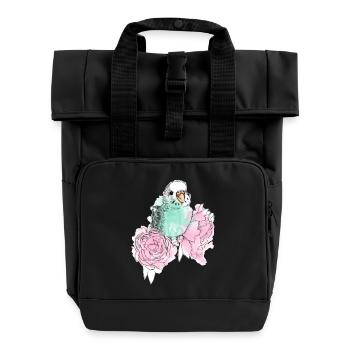 Wellensittich und Pfingstrosen - Rolltop Rucksack mit zwei Griffen - Schwarz - Vorne