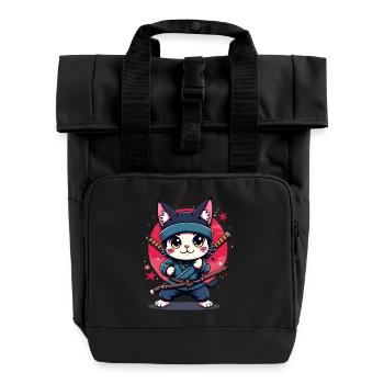 Japanese Kawaii Ninja Cat - Roll Top Backpack with Two Handles - black - Front