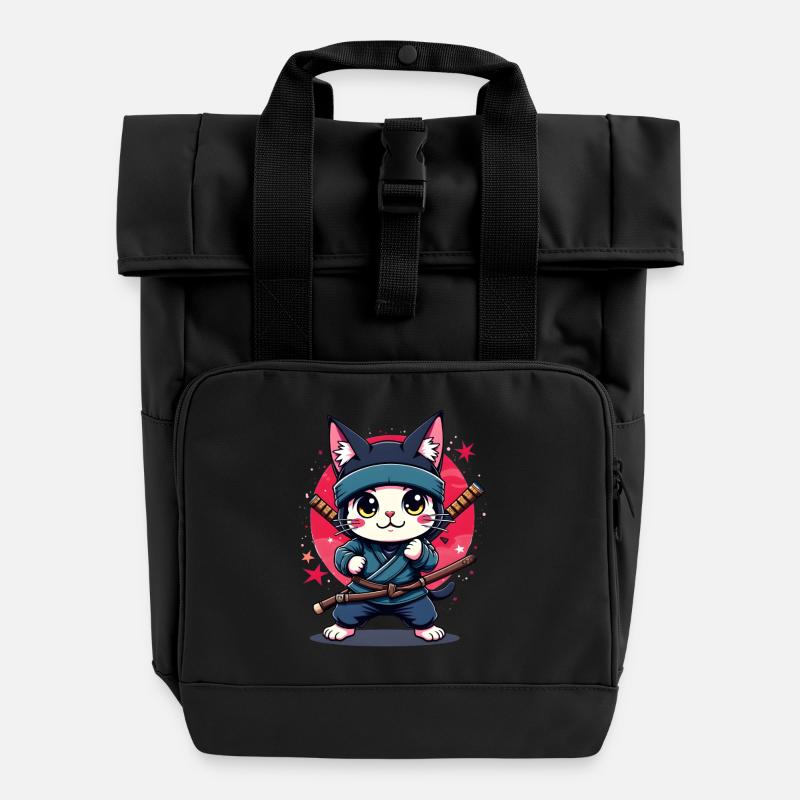 Japanese Kawaii Ninja Cat - Roll Top Backpack with Two Handles - black