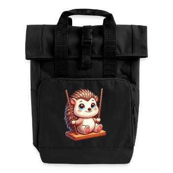 Süßer Igel auf Schaukel Spielplatz Cartoon - Rolltop Rucksack mit zwei Griffen - Schwarz - Vorne