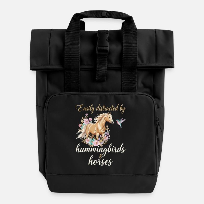 Kolibris und Pferde Reiten Reiten Reiter - Rolltop Rucksack mit zwei Griffen - Schwarz
