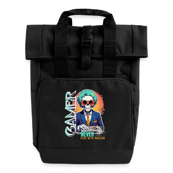 Retro Gamer Skelett mit Controller Konsolenspiele - Rolltop Rucksack mit zwei Griffen - Schwarz - Vorne