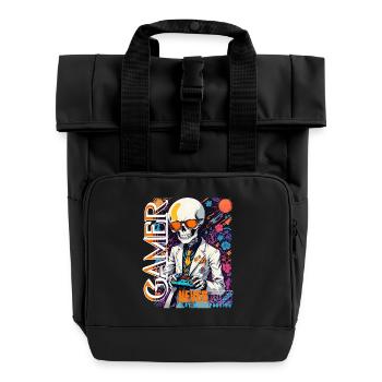 Retro Gamer Skelett mit Controller Konsolenspiele - Rolltop Rucksack mit zwei Griffen - Schwarz - Vorne