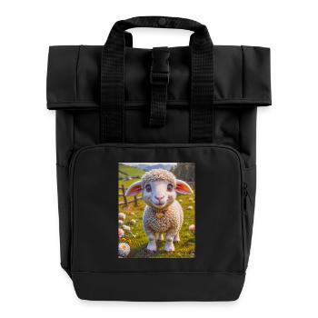 super cute animals on a farm – sheep - Roll Top Backpack with Two Handles - black - Front