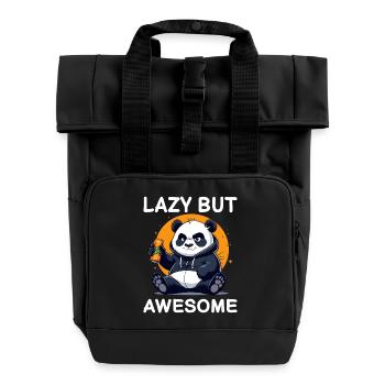 Cartoon Panda with Energy Drink Lazy but awesome - Roll Top Backpack with Two Handles - black - Front