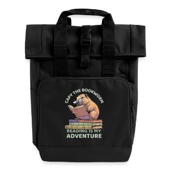Capybara reading between stacks of books - Roll Top Backpack with Two Handles - black - Front