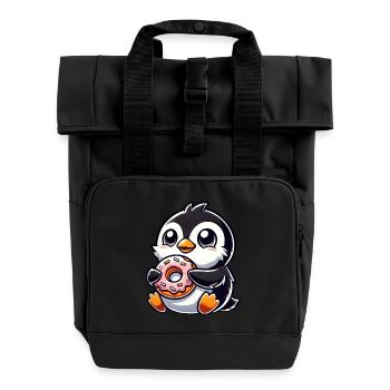 Mignon gros pingouin avec beignet dessin animé - Sac à dos Roll Top à deux anses - noir - Devant