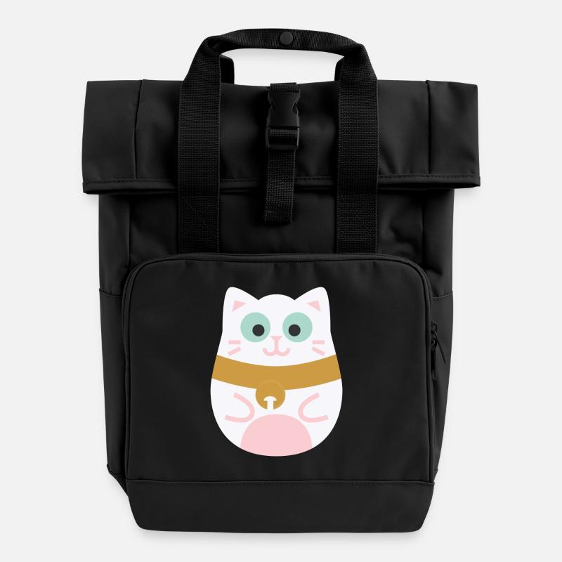 Maneki Neko L Japanese lucky cat - Roll Top Backpack with Two Handles - black