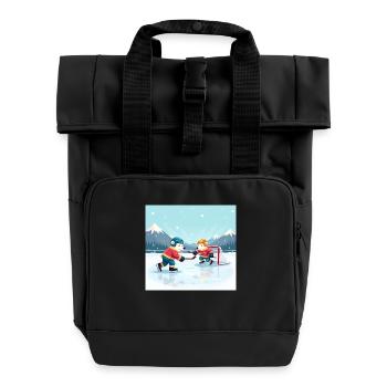 Polar Bears Playing Hockey - Cartoon Winter - Roll Top Backpack with Two Handles - black - Front